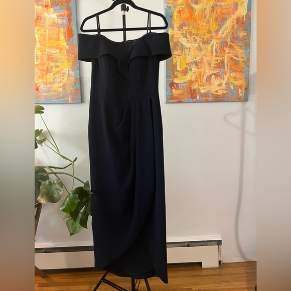 Xscape Women's Midi Scuba Crepe Off The Shoulder Dress in Navy - Picture 2 of 7